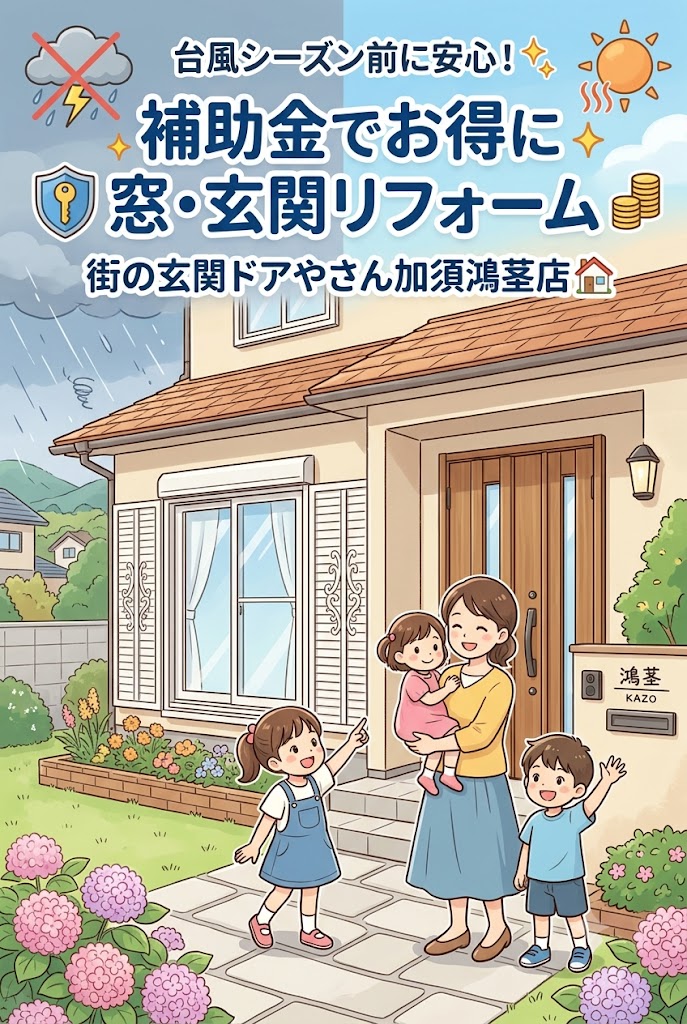 さいたま市北区の皆さま、台風シーズン到来前に対策を！補助金でお得に窓・玄関の防犯＆断熱リフォームしませんか？🌀🚪✨