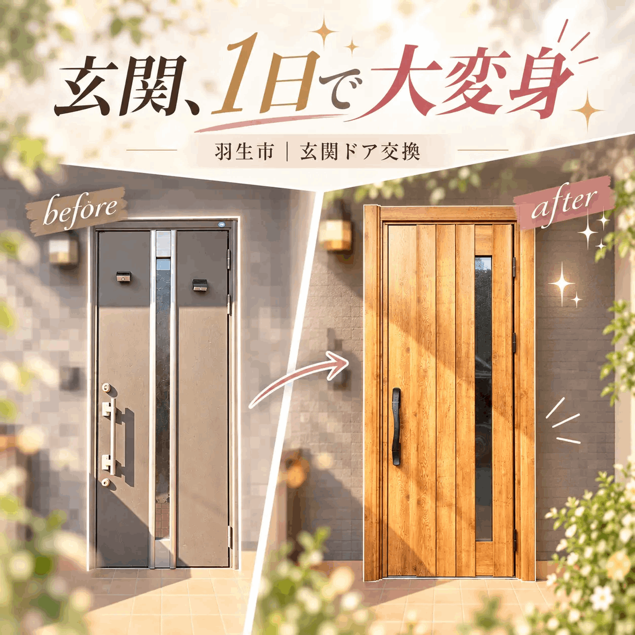 【埼玉県羽生市】玄関ドアを1日リフォーム！YKK APドアリモD30「マキアートパイン」で明るい玄関へ