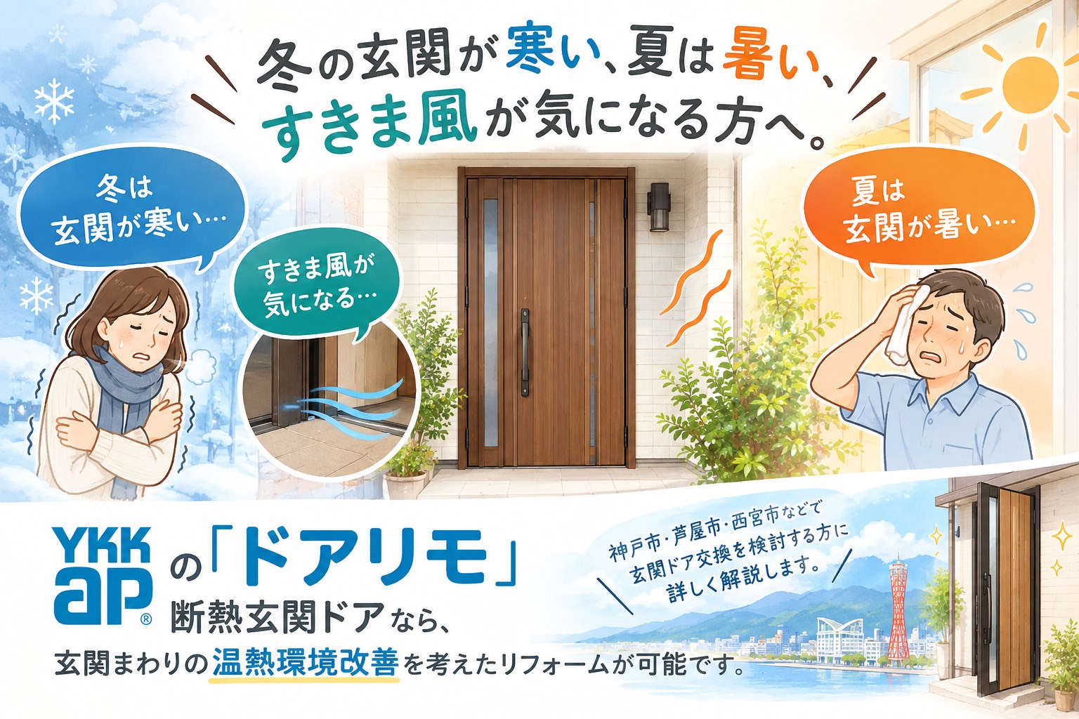 玄関が寒い・暑い原因はドア？YKK APの断熱玄関ドアで快適な玄関へ｜神戸の玄関ドアリフォーム