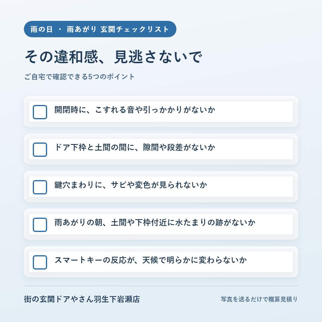 雨の日・雨あがりに玄関で確認したい5つのチェックポイント一覧(街の玄関ドアやさん羽生下岩瀬店)
