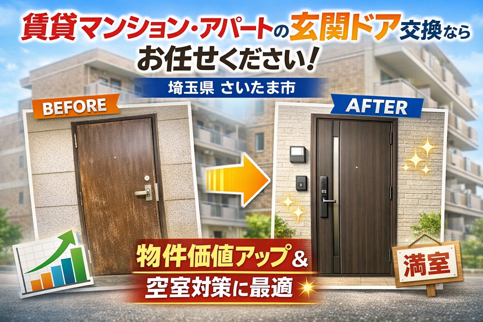 埼玉県さいたま市｜賃貸マンション・アパートの玄関ドア交換ならお任せください