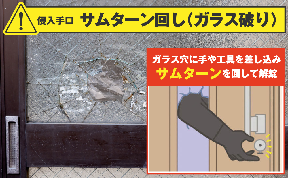 浸入手口に使われるサムターン回し（ガラス破り）。破ったガラス穴に手や工具を差し込み サムターンを回して解錠する手口です