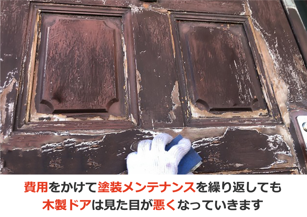 費用をかけて塗装メンテナンスを繰り返しても、木製ドアは見た目が悪くなっていきます