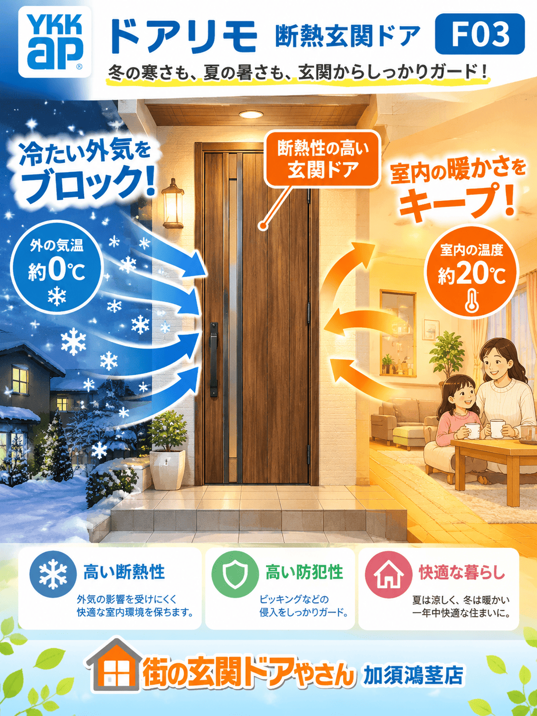 【蓮田・白岡・久喜周辺】の皆さま、 売れ筋No.1！断熱＆通風玄関ドアで台風・防犯対策🚪✨