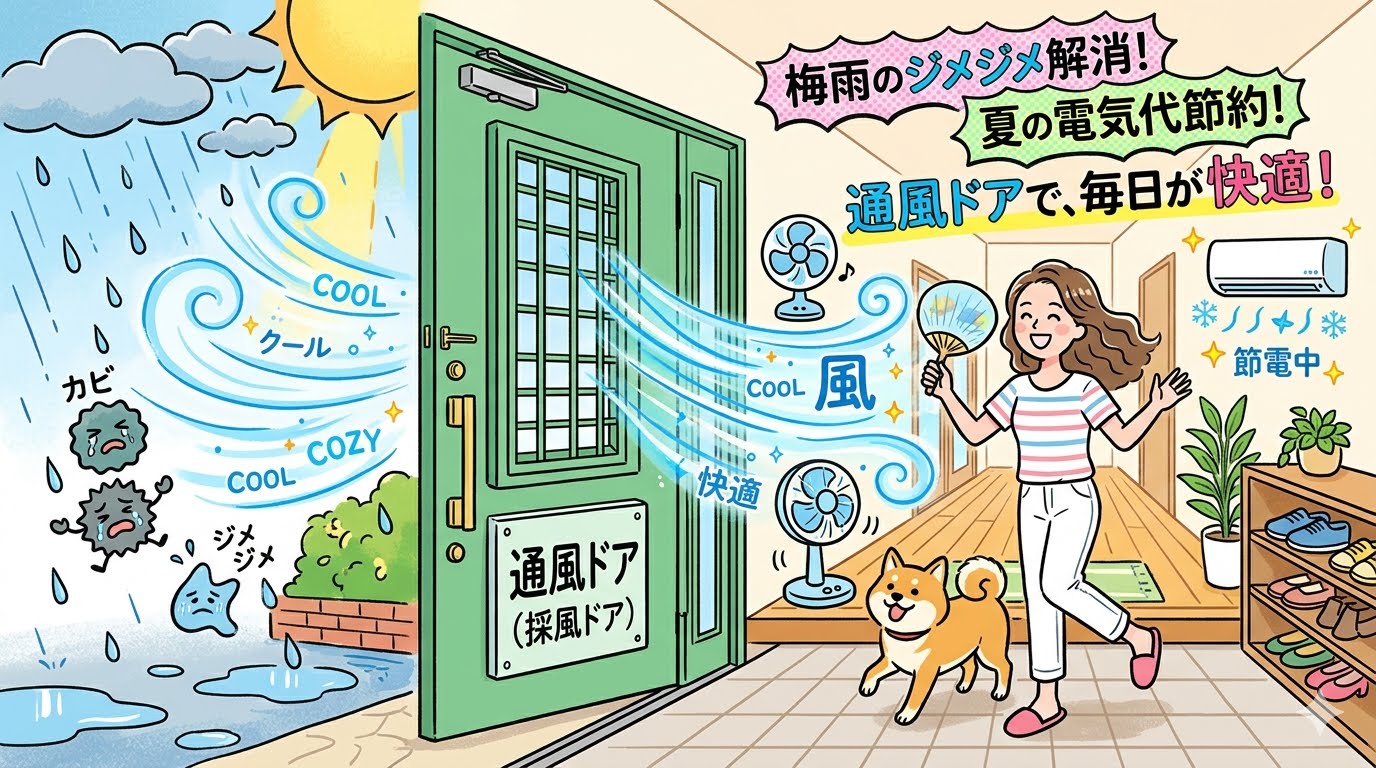 梅雨のジメジメ・夏の電気代対策は「玄関」から！カバー工法で通風ドアに変えるメリット