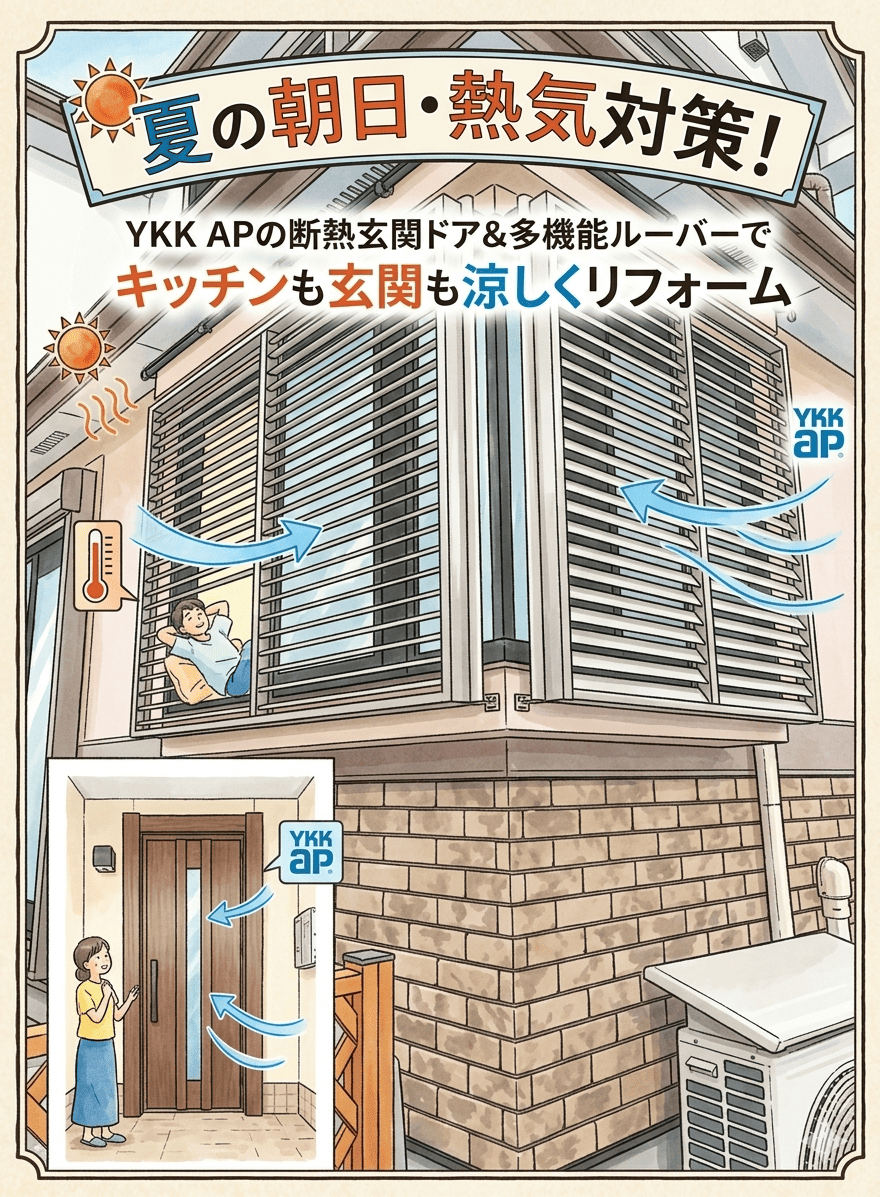 北本市の皆さま、夏の朝日・熱気対策！YKK APの断熱玄関ドア＆多機能ルーバーでキッチンも玄関も涼しくリフォーム🌻補助金活用もプロが伝授！