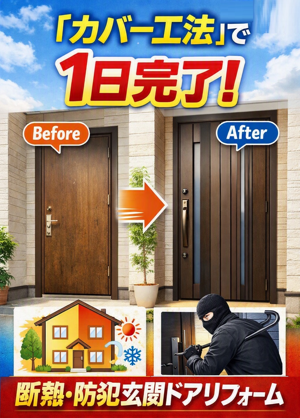 加須市・久喜市・春日部市の皆さま、9月の今がチャンス！「カバー工法」で1日完了の断熱・防犯玄関ドアリフォームで快適＆安心な暮らしを手に入れよう✨｜街の玄関ドアやさん加須鴻茎店